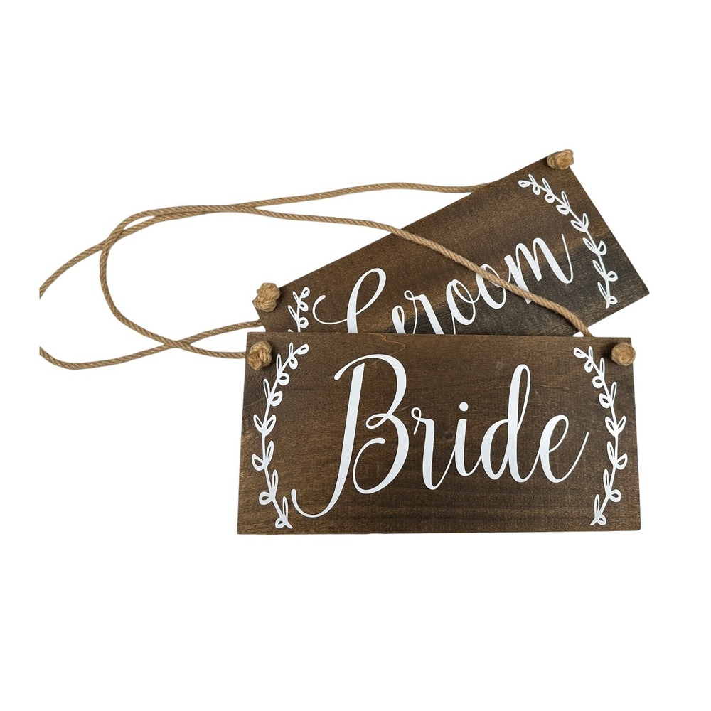 Rustic Wood Bride and Groom Wedding Chair Signs Set of 2 Dark Brown Jute Rope